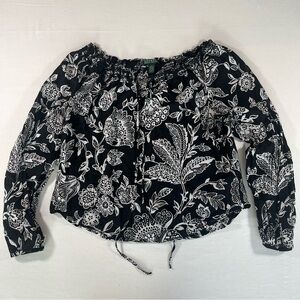 Ralph Lauren Black With White Floral Smock Cotton Off-Shoulder Top Size Large